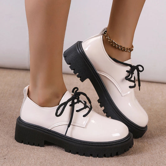 Fashion Lace Up Platform Oxford Shoes for Women Preppy Style Patent Leather Shoes Woman Solid Color School Uniform Loafers