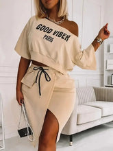 Load image into Gallery viewer, Plus Size Two Piece Good Viber One Shoulder Letter Print Set Crop Top+High Split Skirt
