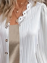 Load image into Gallery viewer, Plus Size Elegant Blouse, Women&#39;s Plus Solid Ribbed Contrast Lace Trim Long Sleeve V Neck Shirt Top
