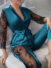 Load image into Gallery viewer, Women&#39;s Satin Pajamas Set Gorgeous Sleeve Top with Pant Contrast Lace Lounge Wear
