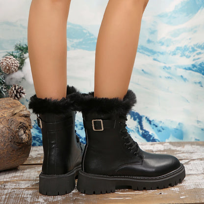 Thick Plush Warm PU Leather Ankle Boots for Women Fashion Faux Fur Winter Boots Woman Black Lace Up Platform Boots