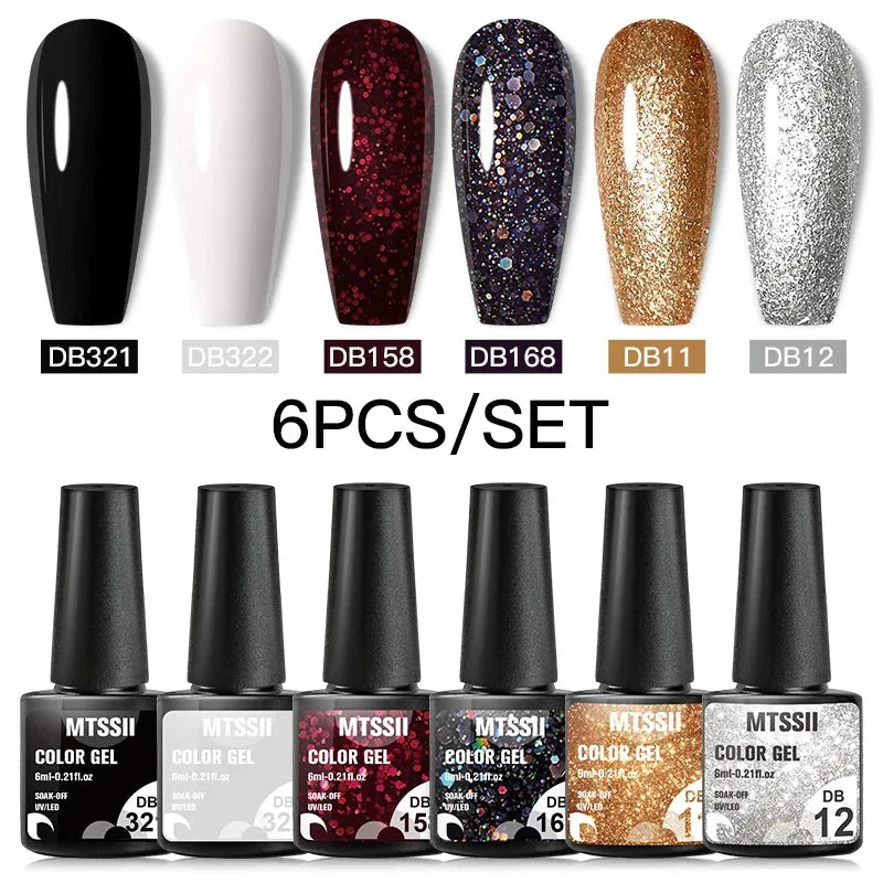 6PCS/Set Red Gel Nail Polish Set Glitter Sequins Semi Permanent Base Matte Top Coat Soak Off LED UV Nail Art Gel Varnish - Shop & Buy