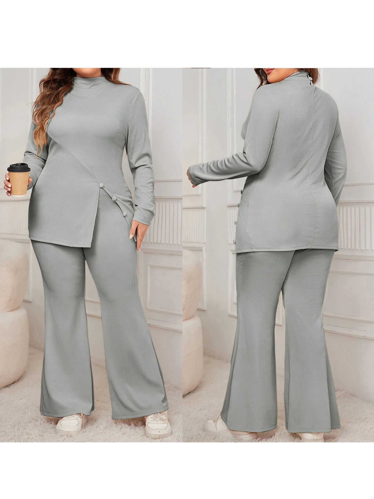 Elegant Plus Size Two Piece Set with Off-Shoulder Top and High Waist Wide Leg Pants for Women Casual Streetwear