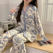 Load image into Gallery viewer, Japanese Kimono Autumn Winter Women Pajamas Sets Faux Cotton Long Sleeves Homesuits
