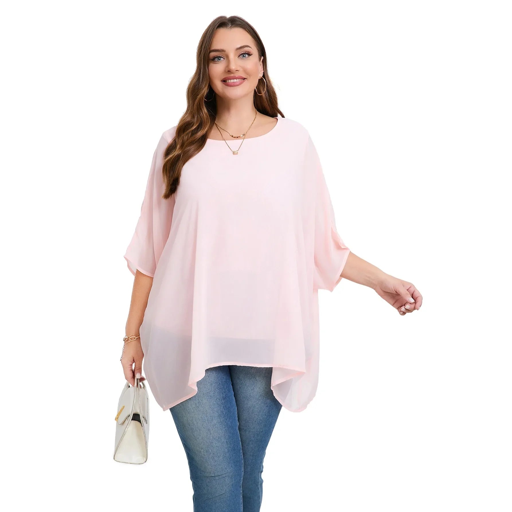 Womens Plus Size Elegant Summer Blouse Batwing Sleeve Oversized Chiffon Blouse Scoop Neck Large Size Casual Tunic Top Shirt 6XL - Shop & Buy