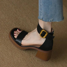 Load image into Gallery viewer, PU Mid Heel Sandals High Quality Buckle Strap Ladies Shoes Solid Shallow Square Heel Fashion Women&#39;s Sandals
