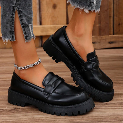 Rimocy Solid Color Platform Loafers Shoes for Women Spring New Black Pu Leather Flats Woman Comfortable Slip On Boat Shoes