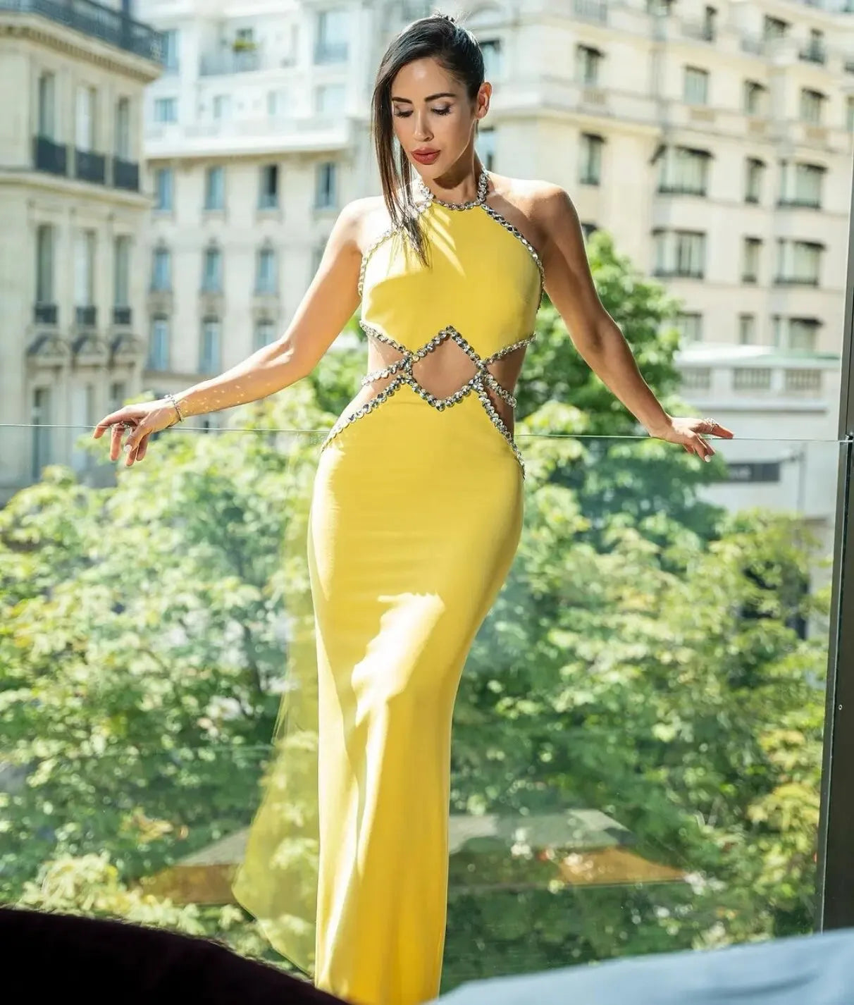 Yellow Color Women Sexy Off the Shoulder Shinning Crystal Bodycon Bandage Long Dress - Shop & Buy