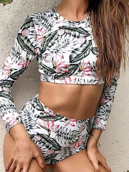 Women's Flower Print Swimsuit Two Piece Set Long Sleeve Conservative High Waist Swimwear Beach Vacation Bikini Bathing Suit - Shop & Buy