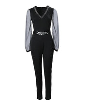 Load image into Gallery viewer, Deep V Neck Mesh Long Sleeve Jumpsuit One Piece Overall Women Black Elegant
