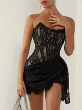 Load image into Gallery viewer, Women&#39;s Sexy Strapless Lace Corset Mini Dress Sleeveless Lace-up Draped Black Bodycon Dresses
