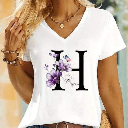 Women's Clothing A-Z 26 Alphabet Flower Premium Summer T-shirt - Shop & Buy