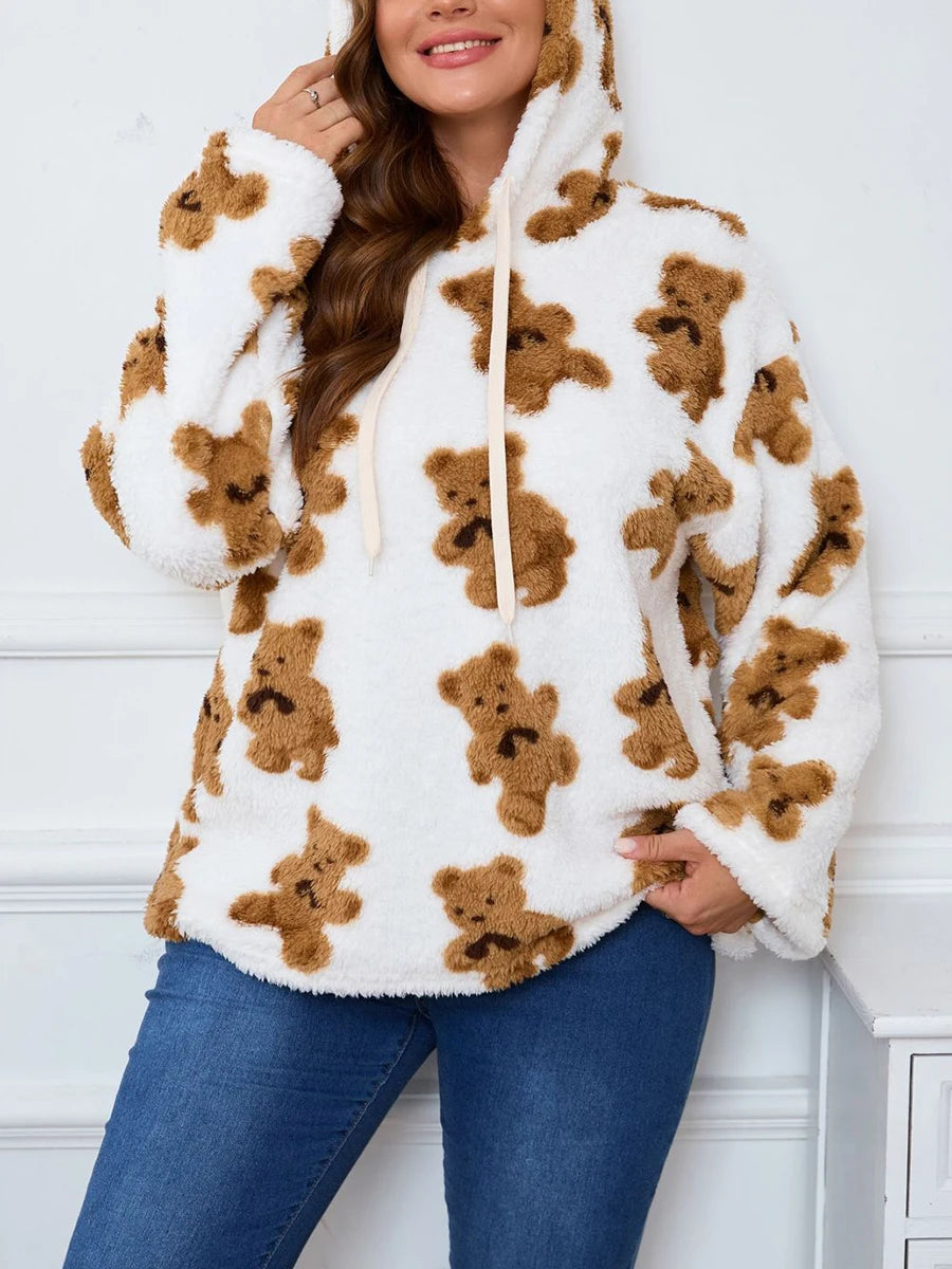 Women Plus Size Hoodies Sherpa Bear Print Hooded Long Sleeve Sweatshirts Pullovers Fall Winter Casual Tops with Pockets and