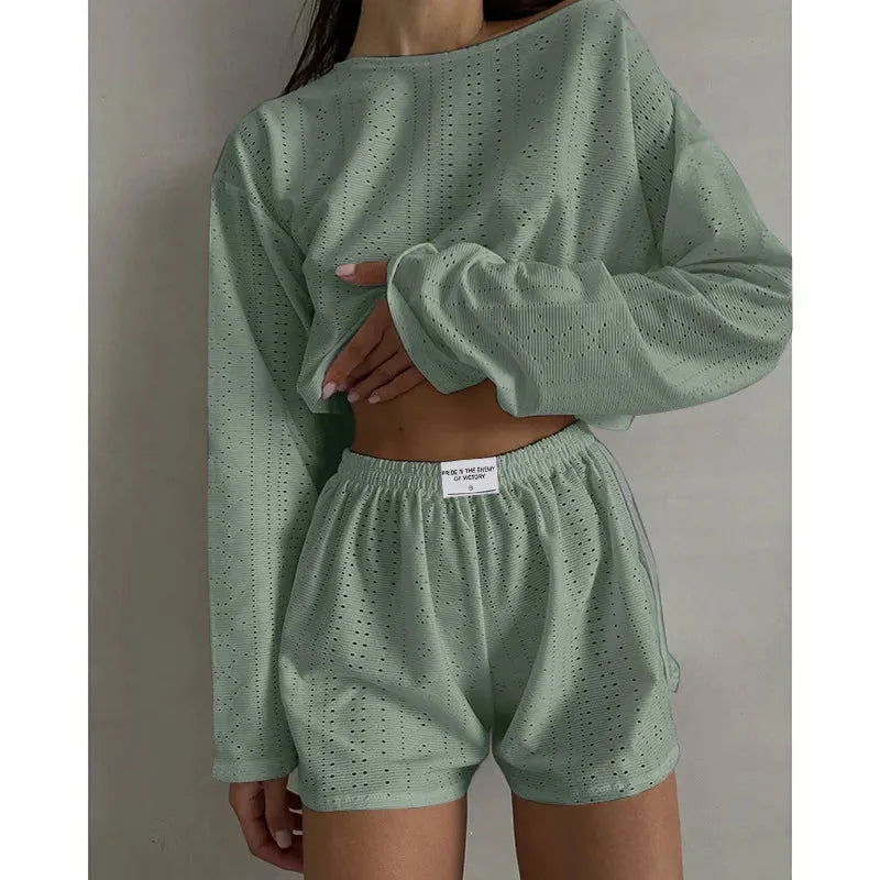 Women's Pajamas Set Spring Long Sleeve Tops With Shorts Sleepwear 2 Piece Set Loose Round Neck Home Wear - Shop & Buy