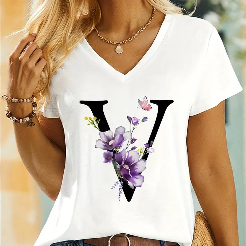 Women's Clothing A-Z 26 Alphabet Flower Premium Summer T-shirt - Shop & Buy