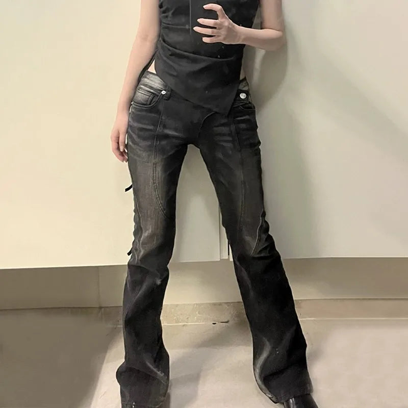 Vintage Distressed Low Waist Jeans Grunge Asymmetrical Waist Denim Pant Fashion Black Flare Jeans