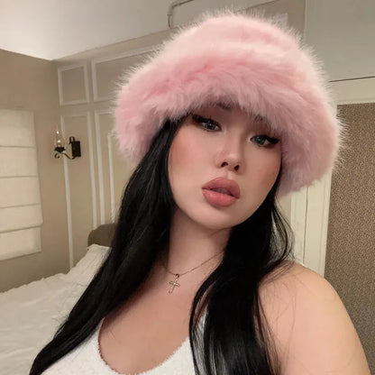 y2k Fluffy Faux Fur Bucket Hat Women Rabbit Fur Warm Thick Plush Winter Hat Lady Luxury Fashion - Shop & Buy