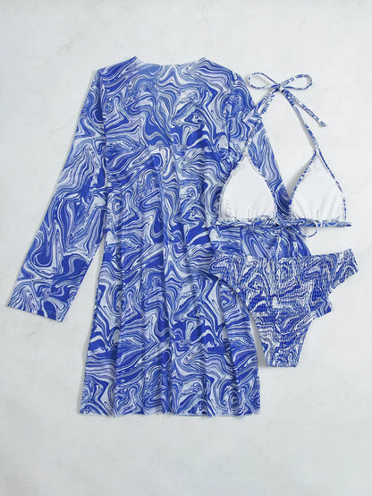 Women's 3 Pieces Swimsuit Blue and White Porcelain Print Long Sleeve Cover-ups Beach Bikini Set - Shop & Buy