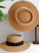 Load image into Gallery viewer, French Style Women Summer Sun Beach Flat Straw Hat Khkai Vacation Panama Straw Woven Small Top Hat White Ribbon
