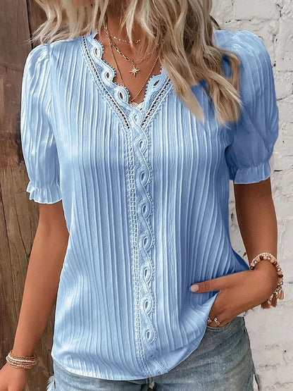 Women's Summer New Top Solid Sexy V-Neck Hollow Short Sleeve Shirt Fashion Splice Plus Size Blouse - Shop & Buy