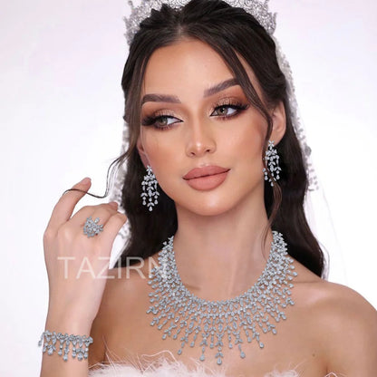 CZ Luxury Jewelry for Women Bridal Jewelry Set for Wedding Anniversary Silver Necklace and Earring Bracelets Rings Sets