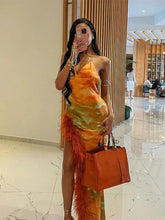 Load image into Gallery viewer, Fashion Tie-dyed Printed Feather Splice Dress Women Fashion Backless Lace Up Side Split Long Robe Lady Sexy Party Dresses
