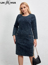 Load image into Gallery viewer, Women&#39;s Plus Size Denim Dress Round Neck Autumn Chic Elegant Dresses For Chubby Women Woven Cotton Dress
