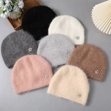 Load image into Gallery viewer, Hat For Women Winter Warm Fashion With Diamond Flower Beanies Knitted Angora Long Rabbit Fur Hats Double Layer Ladies Cap
