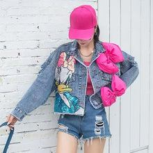 Load image into Gallery viewer, New Women Coat Cartoon Sticker Embroidered Sequin Short Denim Jacket Loose Bowknot Top
