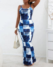 Load image into Gallery viewer, Women New Dress Denim Look Print U-Neck Maxi Dress
