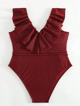 Load image into Gallery viewer, Solid Color Conservative One Piece Swimsuit for Women Wine Red Big Ruffle V-neck Backless Bikini
