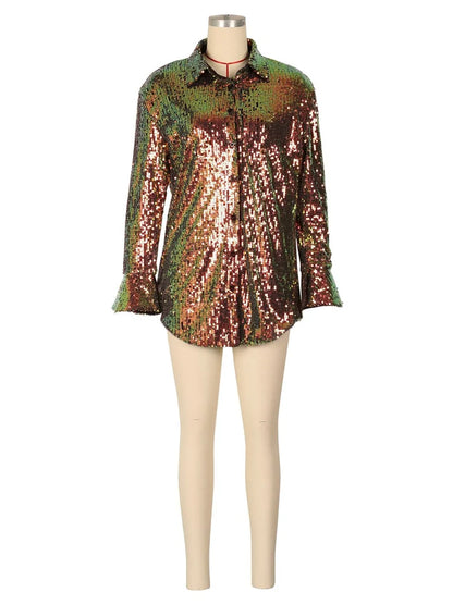 Autumn New Long Sleeved Women's Fashion Elegant Temperament Sequin Extended Shirt Jacket