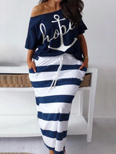 Load image into Gallery viewer, Plus Size matching sets Two Piece dress sets Letter Print Striped Skirt Set Fashion Casual
