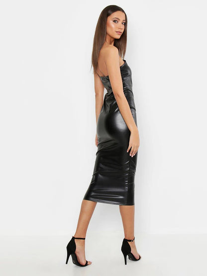 Black Matte Leather One Shoulder Dress Women Stretch PU Slim Dress Front Hollow Out Sleeveless Dress