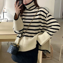 Load image into Gallery viewer, Striped Turtleneck Sweater Women&#39;s Long-sleeved Loose Outer Slit Top Warm Thickened Knit Casual Streetwear
