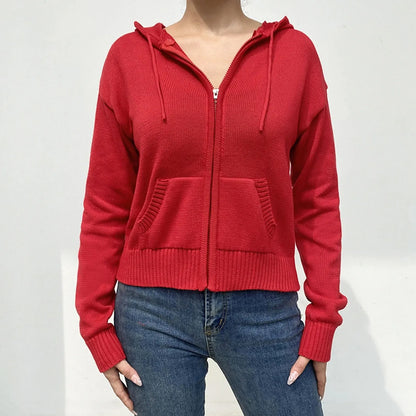 Women’s Full Zip Knit Hoodies Casual Sweaters Solid Color Long Sleeve Drawstring Sweatshirts - Shop & Buy