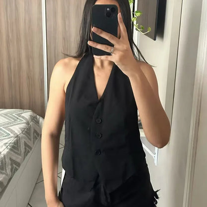 Off Shoulder Vests For Women Backless Halter Neck Sleeveless Vest Woman Summer Vest V Neck Black White Grey Waistcoat Women