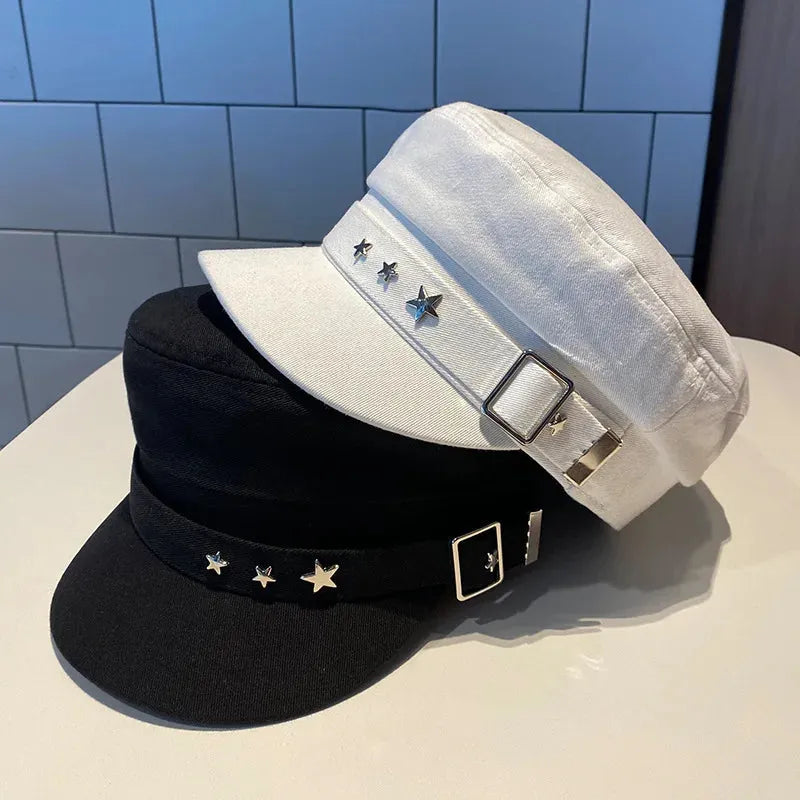 Women's Beret Black Star Hat Spring and Autumn Winter British Retro Fashion New Sea Military Style Korean Caps - Shop & Buy