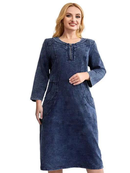 Women's Plus Size Denim Dress Round Neck Autumn Chic Elegant Dresses For Chubby Women Knitted Cotton Dress - Shop & Buy