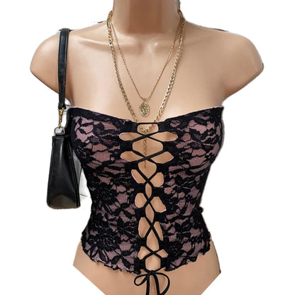 y2k Fairy Coquette Backless Bandeau Vest Floral Lace Mesh Boob Tube Tops Frint Tie Up Hollow Out Chest - Shop & Buy