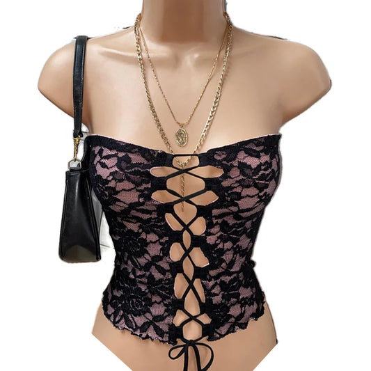 y2k Fairy Coquette Backless Bandeau Vest Floral Lace Mesh Boob Tube Tops Frint Tie Up Hollow Out Chest - Shop & Buy