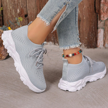 Knitted Chunky Sneakers Women Breathable Solid Color Lace Up Running Sports Shoes Woman Casual Comfy Walking Trainers Plus Size