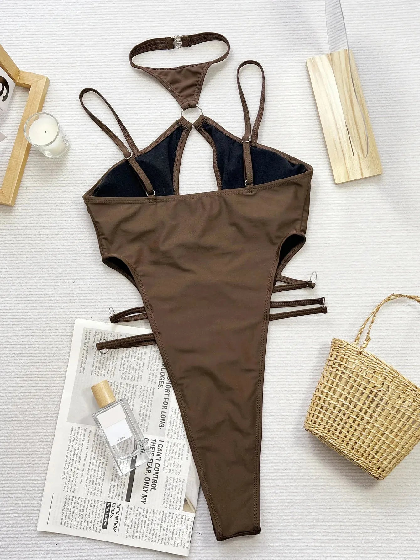 Women's Solid Color One Piece Bikini Brown Sexy Cross Hollow Out Suspender Swimsuit - Shop & Buy