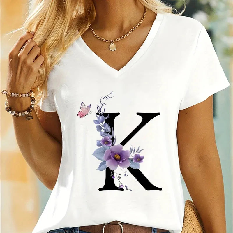 Women's Clothing A-Z 26 Alphabet Flower Premium Summer T-shirt - Shop & Buy