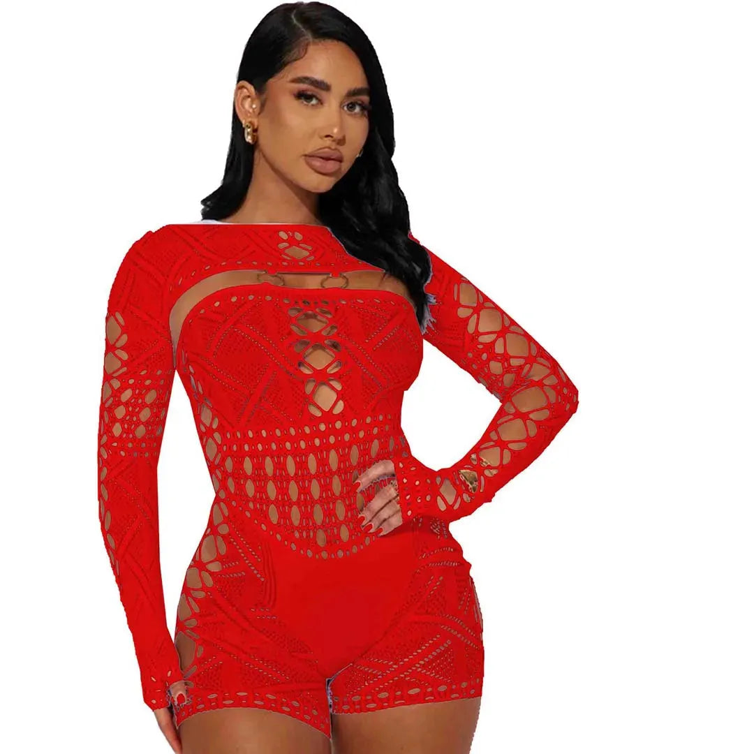 Women's Sexy Sheer Mesh Hollow Out Night Club Short Jumpsuit Rompers Long Sleeve Skinny Shorts Bodysuit One Piece Romper - Shop & Buy