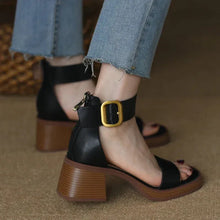 Load image into Gallery viewer, PU Mid Heel Sandals High Quality Buckle Strap Ladies Shoes Solid Shallow Square Heel Fashion Women&#39;s Sandals
