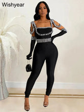 Load image into Gallery viewer, Luxury Celebrity Jumpsuits with glove Sexy Backless Rhinestone Bodycon One Piece Rompers
