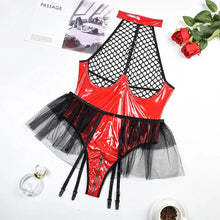 Load image into Gallery viewer, New Women&#39;s Grid Splicing Hanging Neck Sexy Bodysuit Mesh Skirt Hem with Garter Belt
