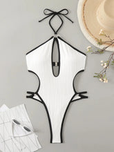 Load image into Gallery viewer, Sexy White Contrast One Piece Swimsuit Women Halter Hollow Out Ribbed Backless Bandage Cross Bathing Suit
