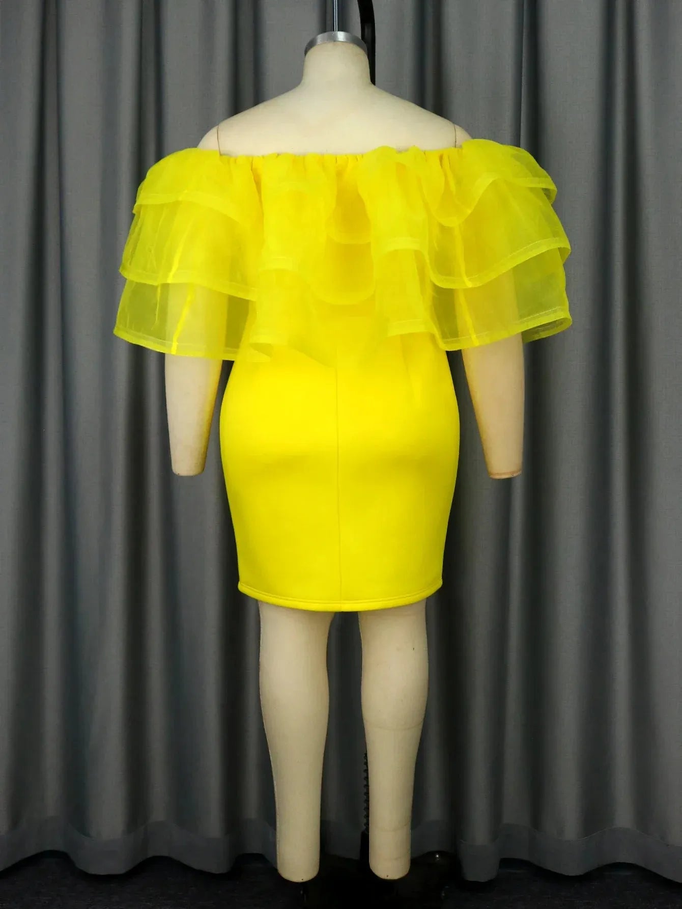 Women Yellow Sheer Tierrd Ruffle Off Shoulder Club Party Dress Package HiP Mini Slim Gowns - Shop & Buy